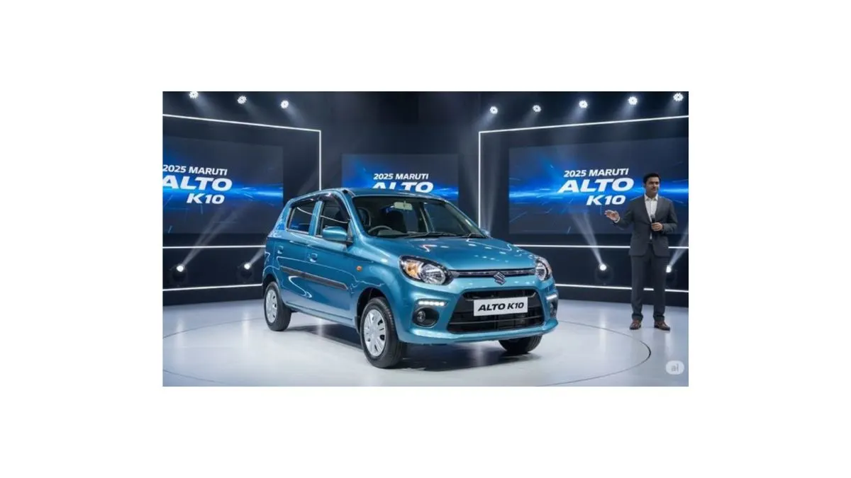 2025 Maruti Alto K10 parked on city street, showcasing sleek design and modern headlights