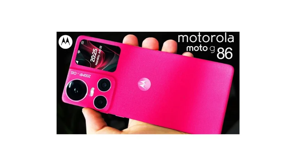 Moto G86 Power 5G showing AMOLED display and vegan leather back design