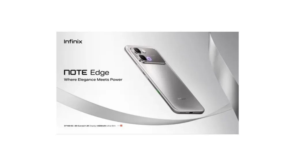 Infinix Note Edge 2026 smartphone featuring a premium curved AMOLED display and large 6500mAh battery in a slim design
