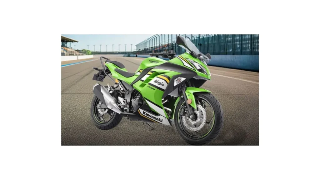 Kawasaki Ninja 300 sports bike in iconic green color showcasing aerodynamic fairing, twin-cylinder engine, and premium sporty design