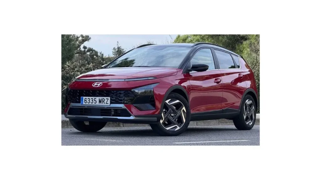 New Hyundai Bayon SUV driving in city with modern urban background