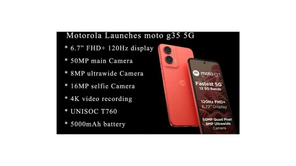 Motorola G35 5G smartphone front view showing 50MP camera, 12GB RAM boost, and 5000mAh battery, Amazon India deal under ₹12,000