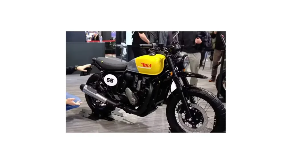 BSA Scrambler 650 retro 650cc motorcycle design parked showing classic scrambler styling and rugged build